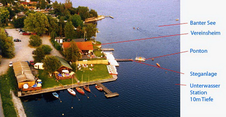 Luftbild des UWC Manta Vereinsheims am Banter See